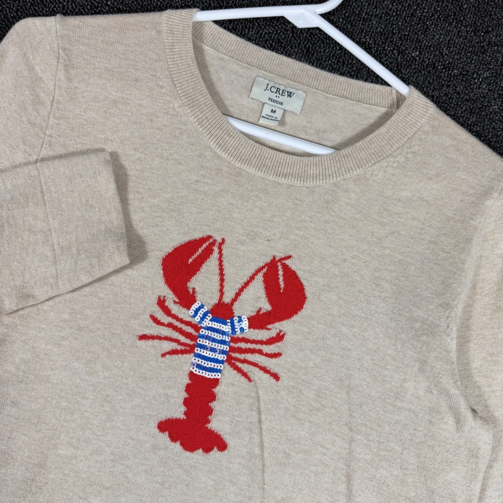 J.Crew Teddie Sweater Lobster Sequin Shirt Cotton Knit Women's M Oatmeal Beige